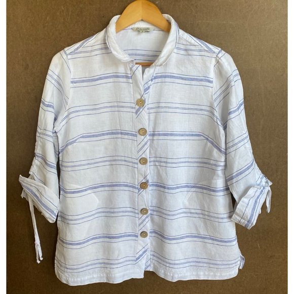 size‎ S John Mark linen white/blue striped button blouse cinch 3/4 sleeve - Picture 1 of 8